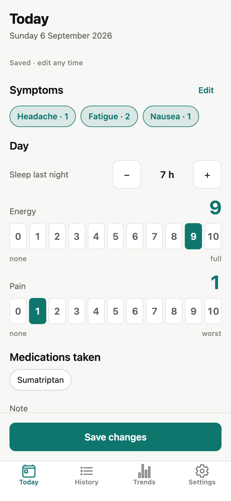 Plainlog today screen. Today: your symptoms as chips, a 0 to 10 row under each, sleep, energy, pain and one Save button.